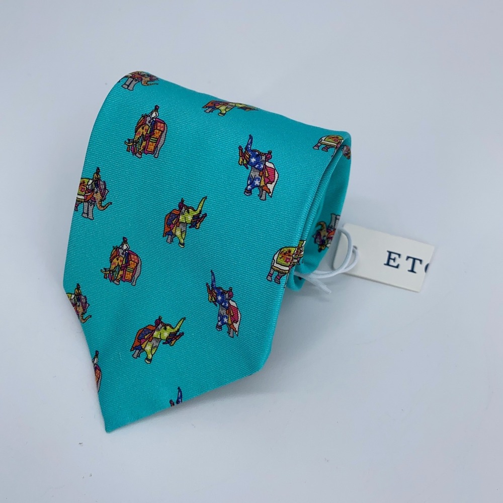 Eton Tie Mens One Size Blue Elephant Silk Classic Luxury Necktie Italy Made